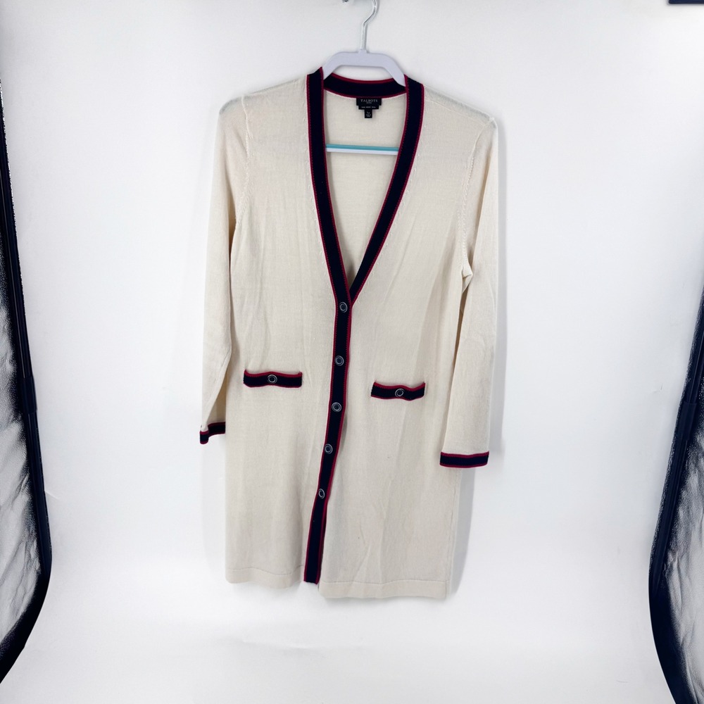 Talbots Petites‎ Cream Merino Wool Cardigan Sweater Navy Red Trim L P